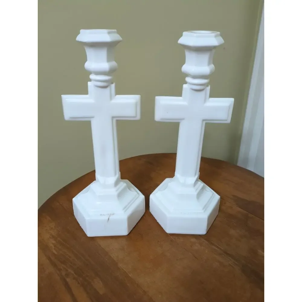 Rare Cambridge #3 Opal Crucifix Candlesticks.